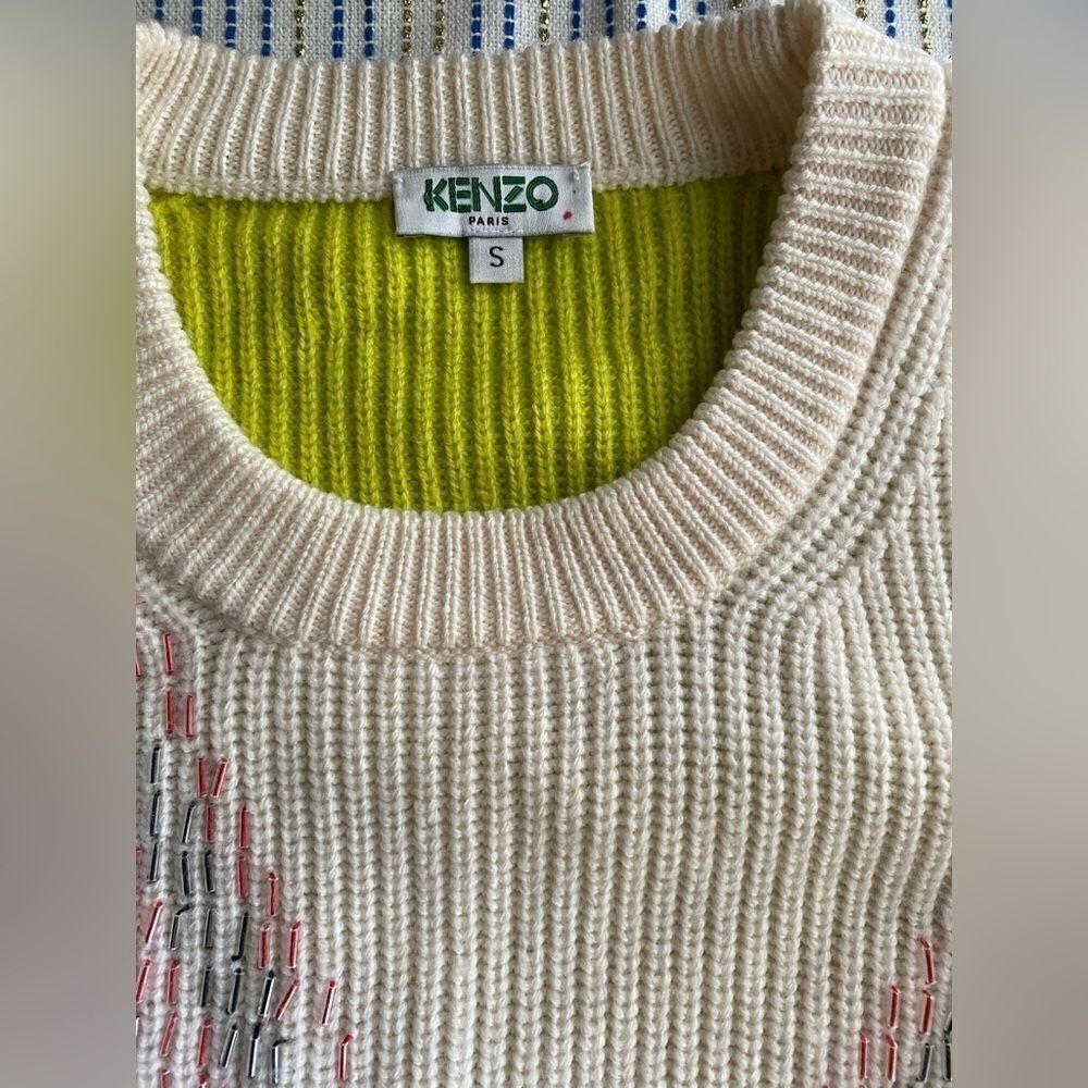 KENZO   Sweater Womens Sz S Beige Wool Embroidered Multicolor  zig zag lines - Picture 6 of 12
